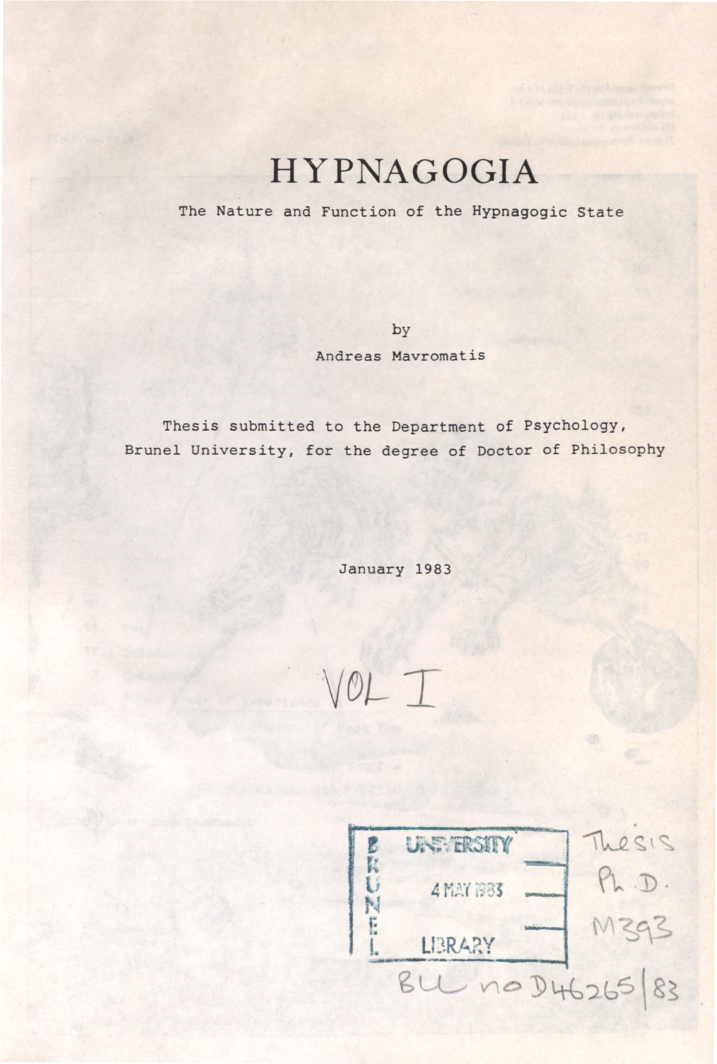 The Nature and Function of the Hypnagogic State Thesis Submitted