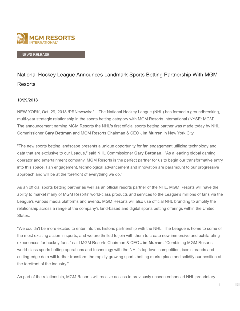National Hockey League Announces Landmark Sports Betting Partnership with MGM Resorts