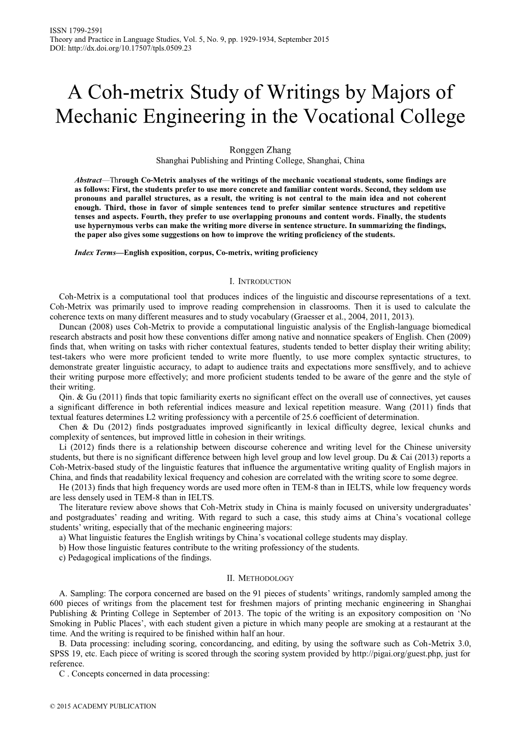 A Coh-Metrix Study of Writings by Majors of Mechanic Engineering in the Vocational College