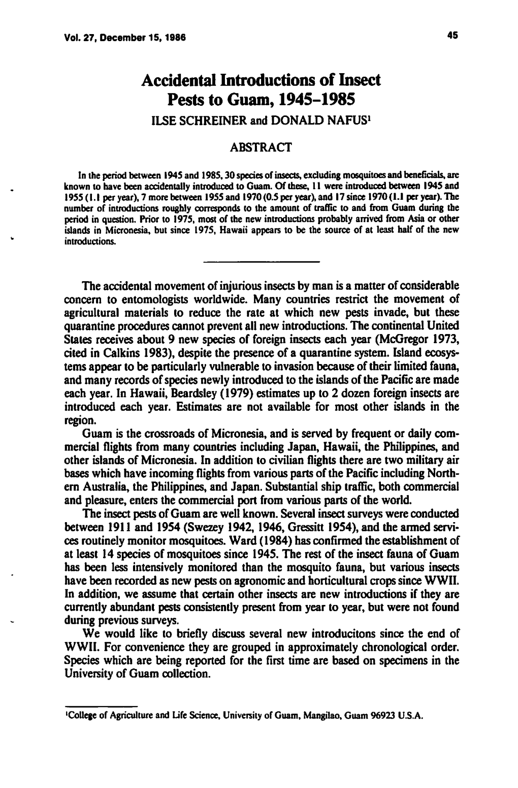 Accidental Introductions of Insect Pests to Guam, 1945-1985