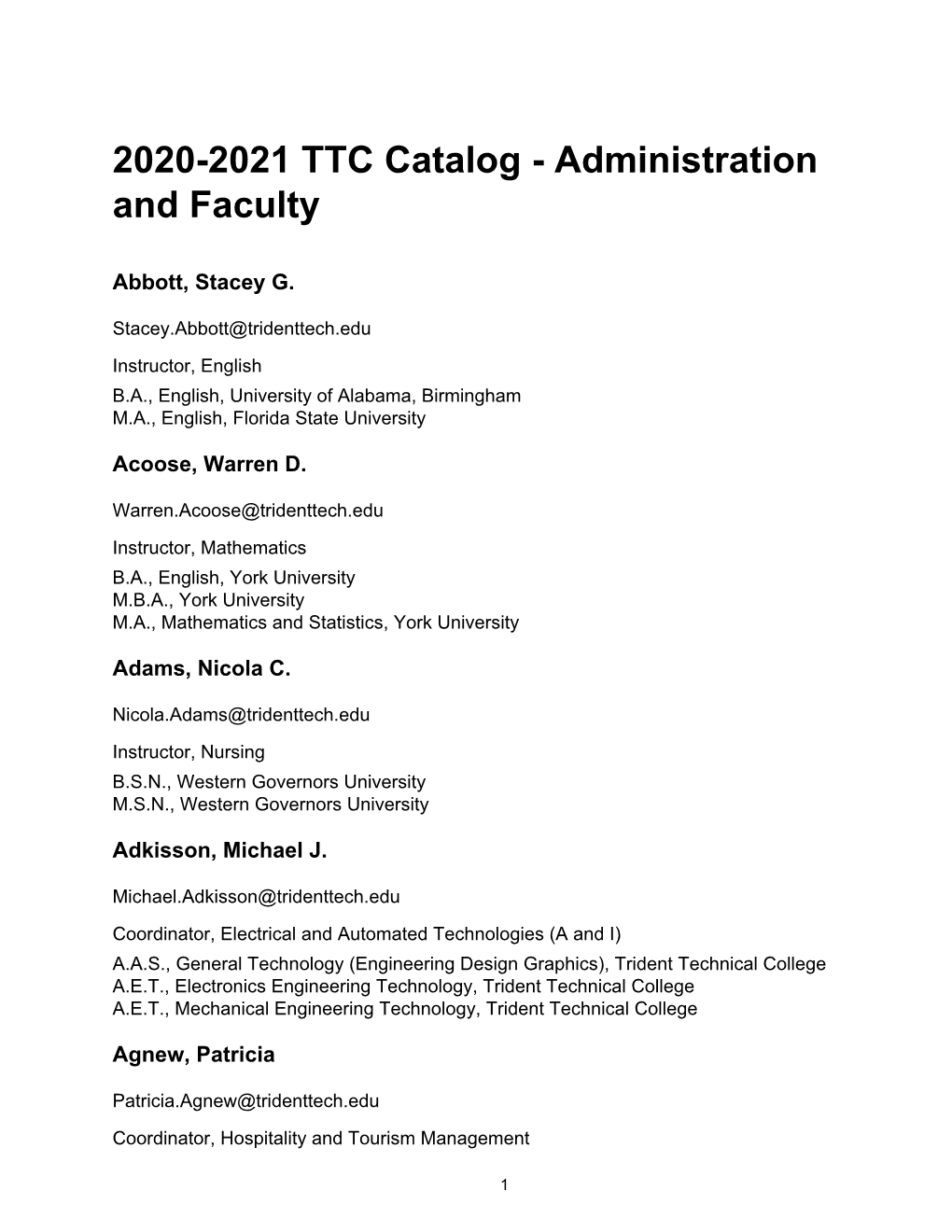 2020-2021 TTC Catalog - Administration and Faculty