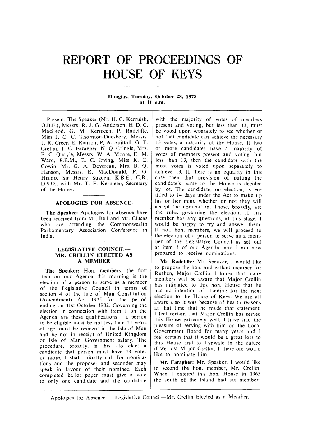 Report of Proceedings of House of Keys