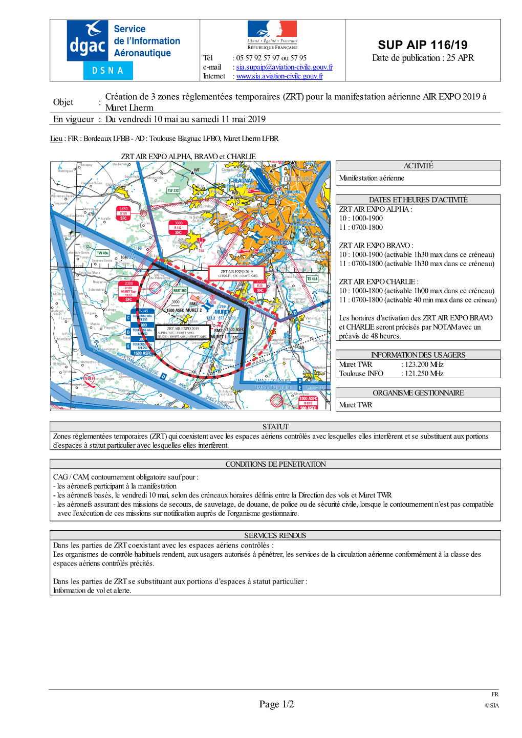 SUP AIP 116/19 Aéronautique 200 Tél : 05 57 92 57 97 Ou 57 95 Date De Publication : 25 APR NAC BLAG CTR E-Mail : Sia.Supaip@Aviation-Civile.Gouv.Fr