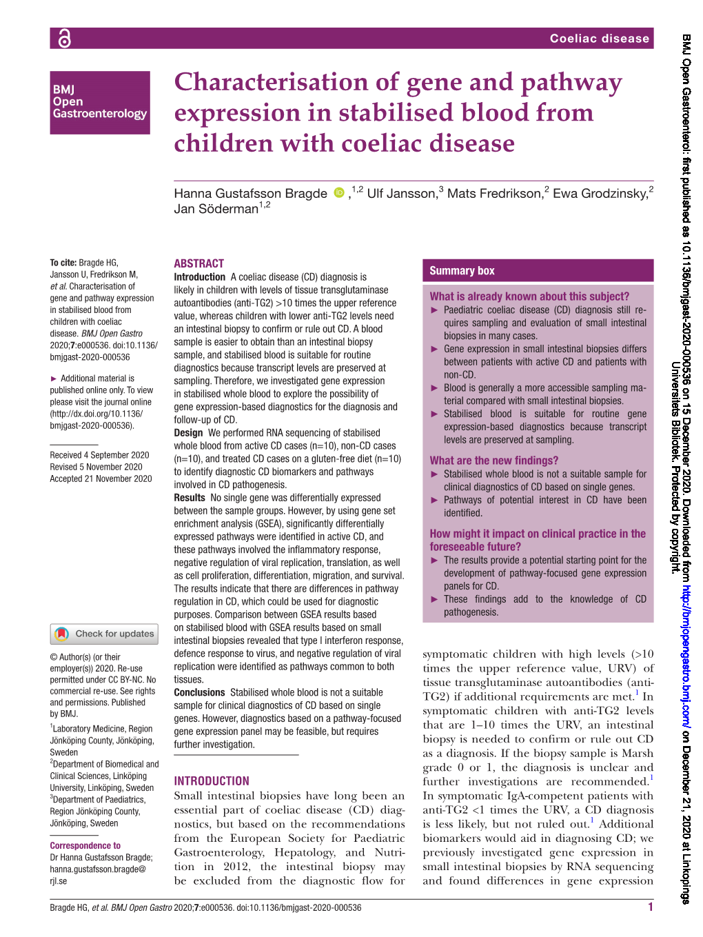 Characterisation of Gene and Pathway Expression in Stabilised Blood from Children with Coeliac Disease