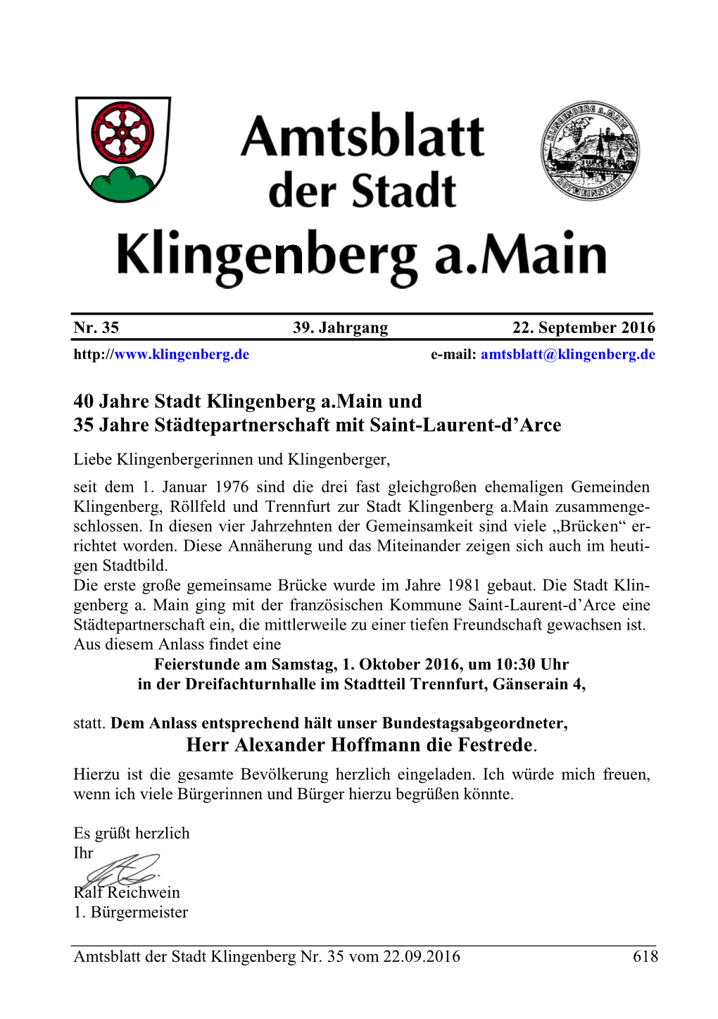 40 Jahre Stadt Klingenberg A.Main Und 35 Jahre Städtepartnerschaft Mit Saint-Laurent-D’Arce