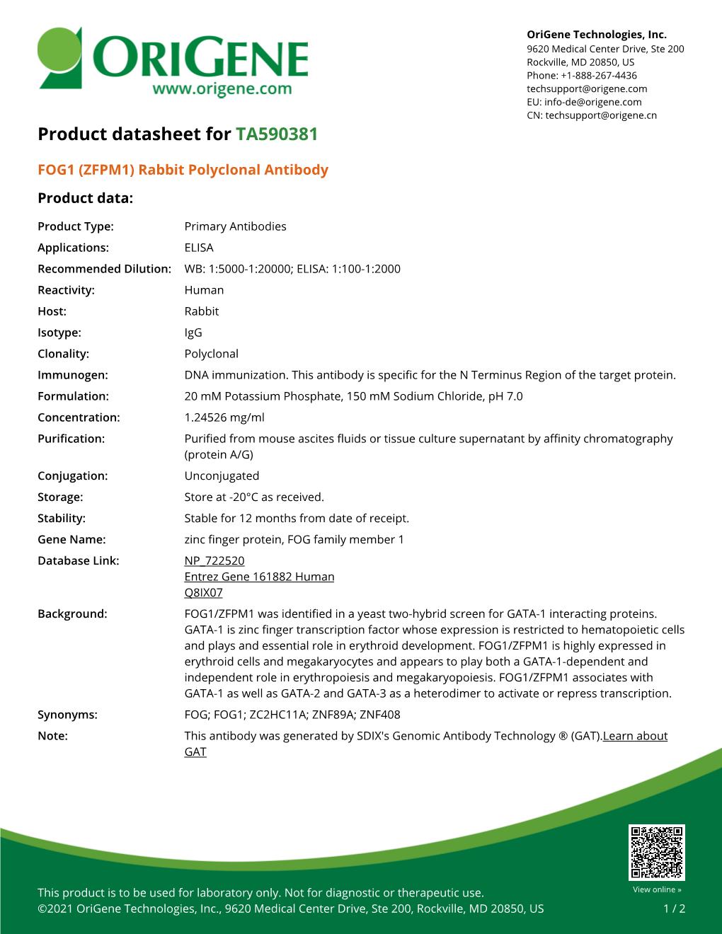 FOG1 (ZFPM1) Rabbit Polyclonal Antibody – TA590381 | Origene