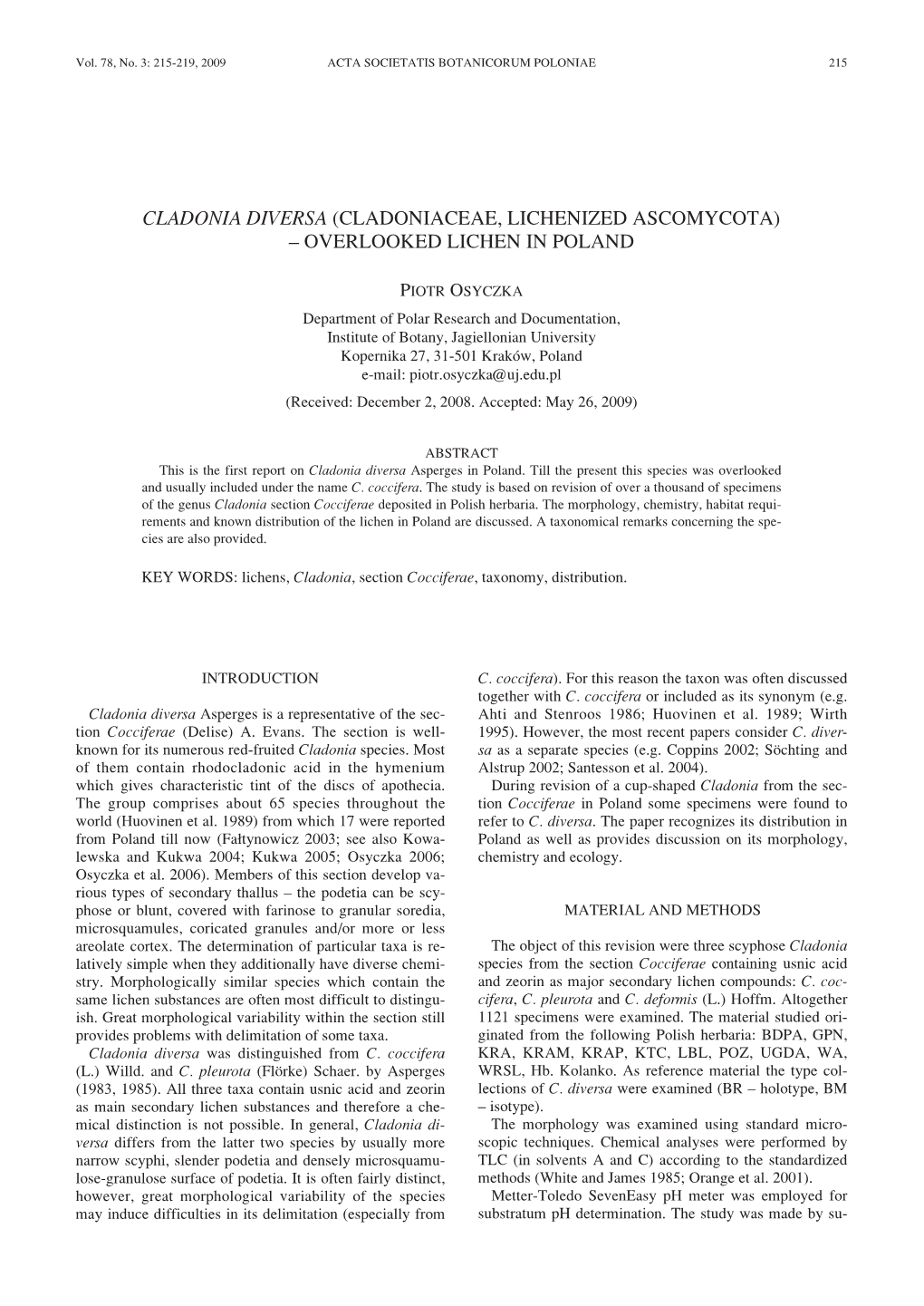 Cladonia Diversa (Cladoniaceae, Lichenized Ascomycota)  Overlooked Lichen in Poland