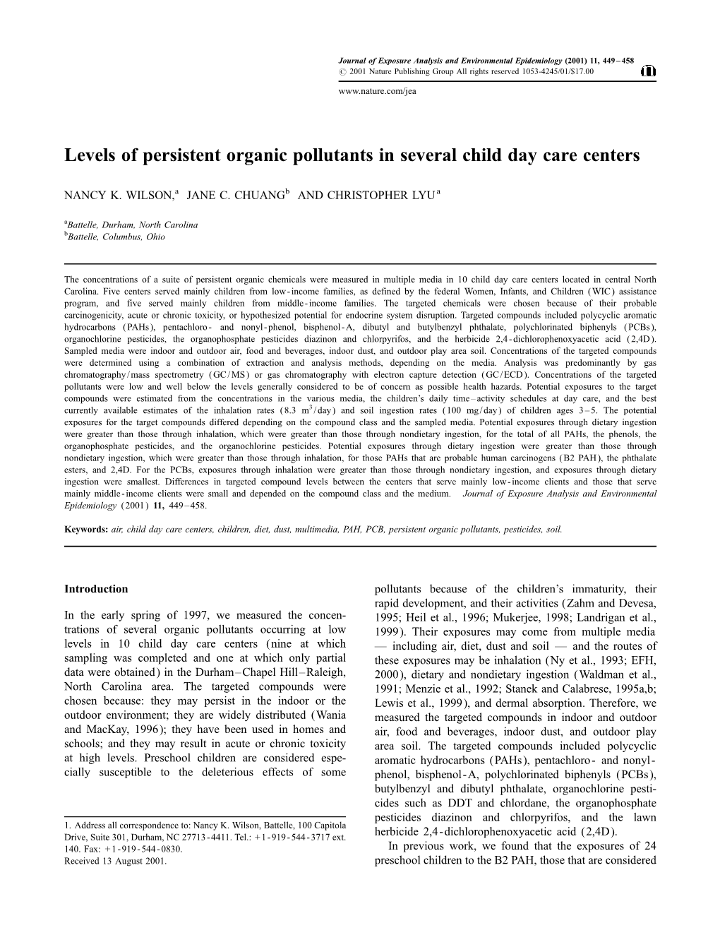 Levels of Persistent Organic Pollutants in Several Child Day Care Centers