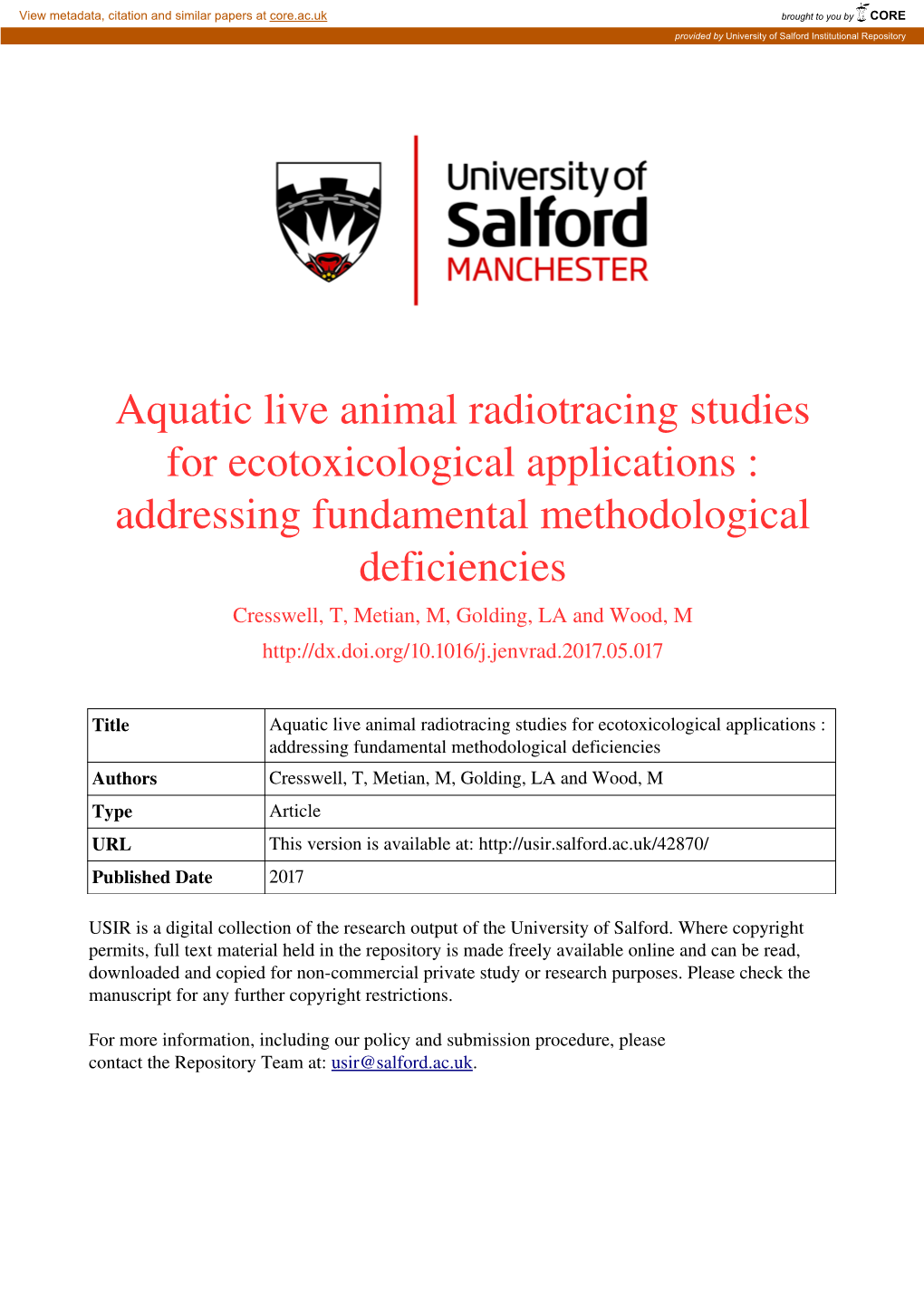 Aquatic Live Animal Radiotracing Studies for Ecotoxicological