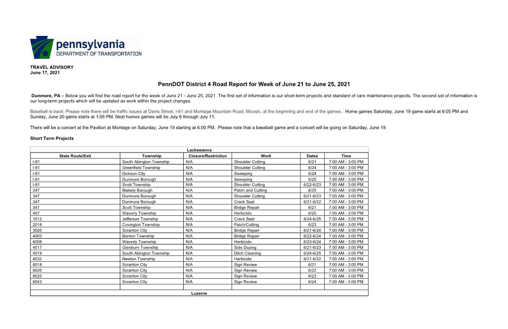 Penndot District 4 Road Report for Week of June 21 to June 25, 2021