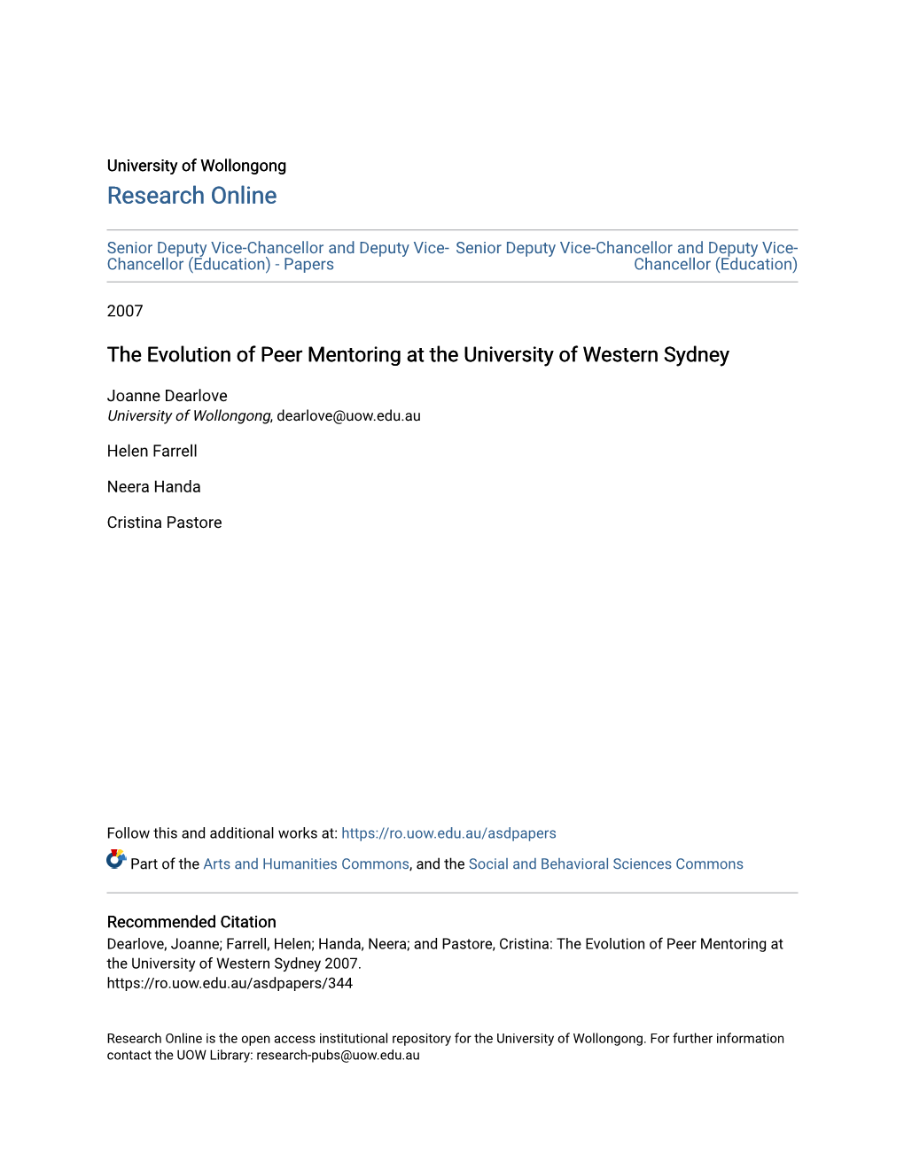 The Evolution of Peer Mentoring at the University of Western Sydney