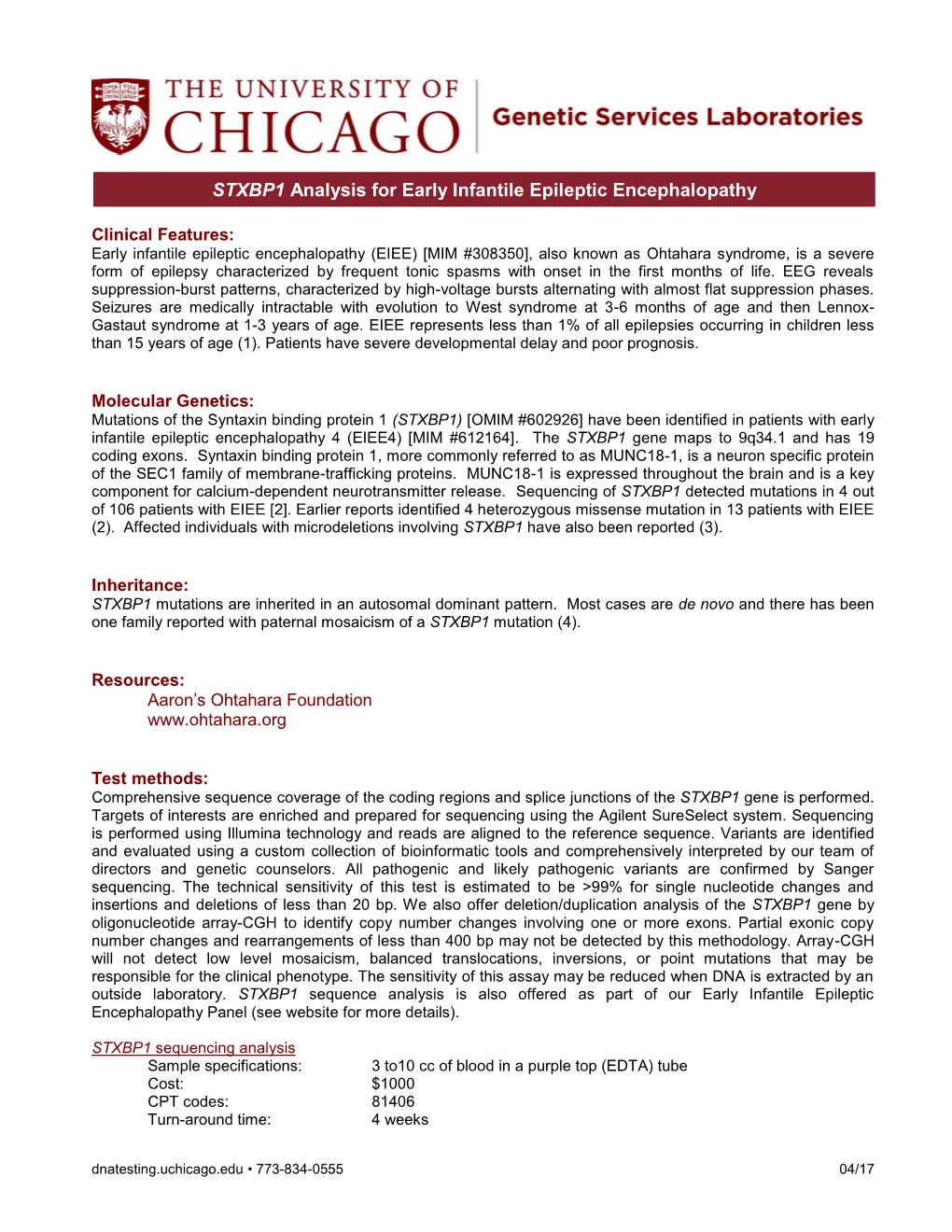 STXBP1 Analysis for Early Infantile Epileptic Encephalopathy