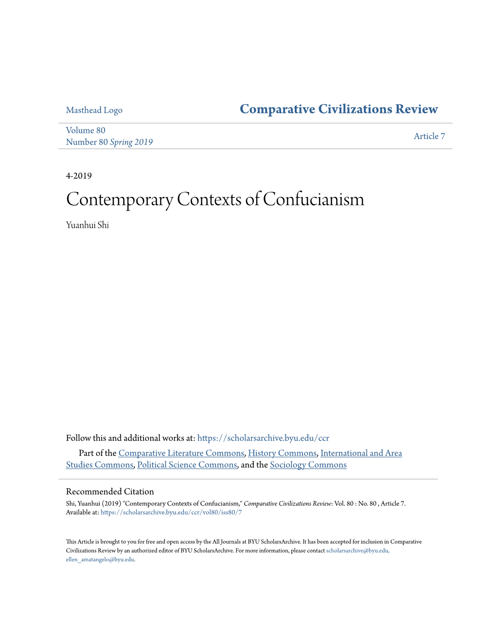 Contemporary Contexts of Confucianism Yuanhui Shi