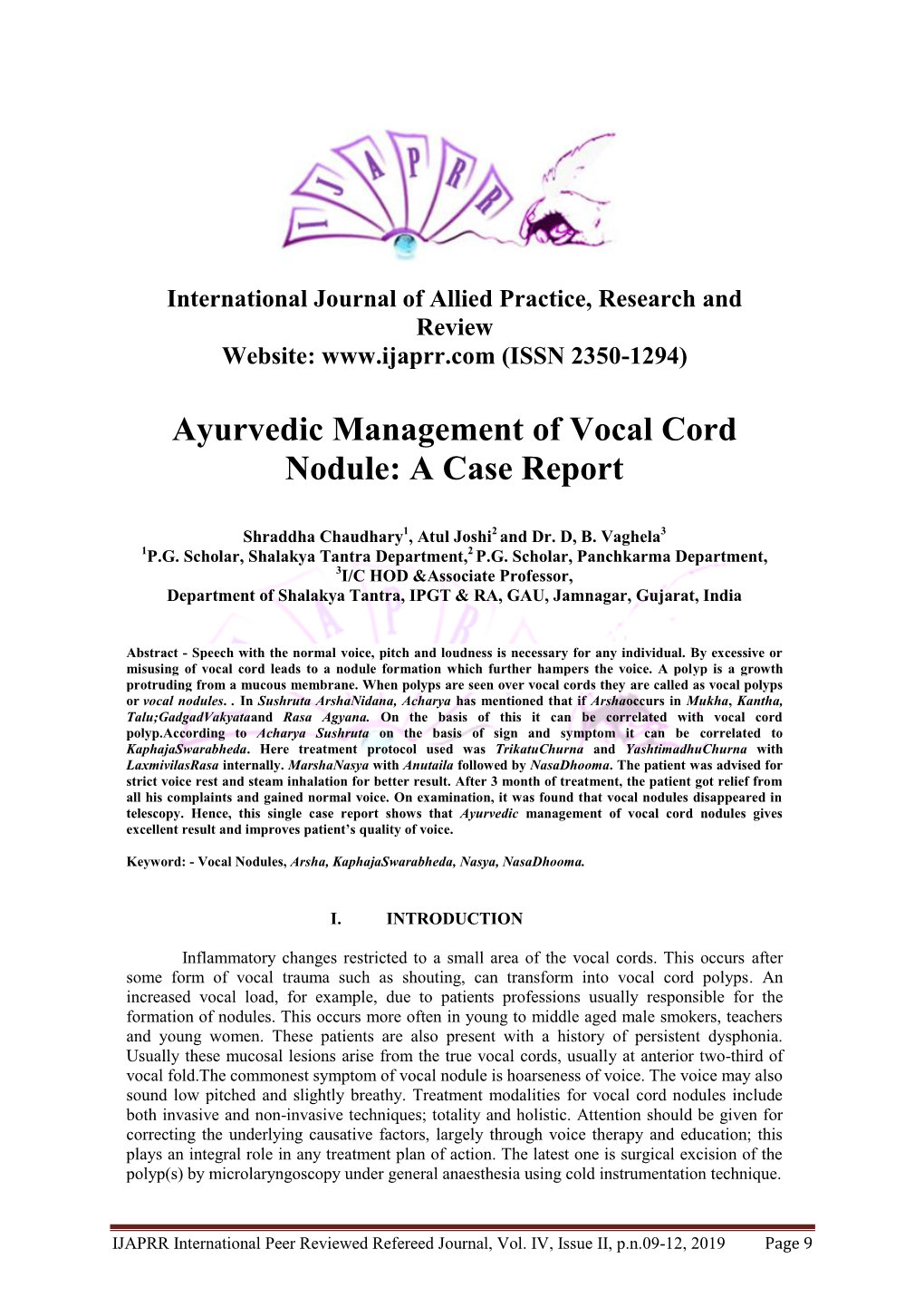 Ayurvedic Management of Vocal Cord Nodule: a Case Report