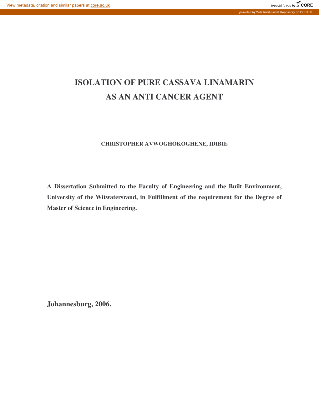 Isolation of Pure Cassava Linamarin As an Anti Cancer Agent