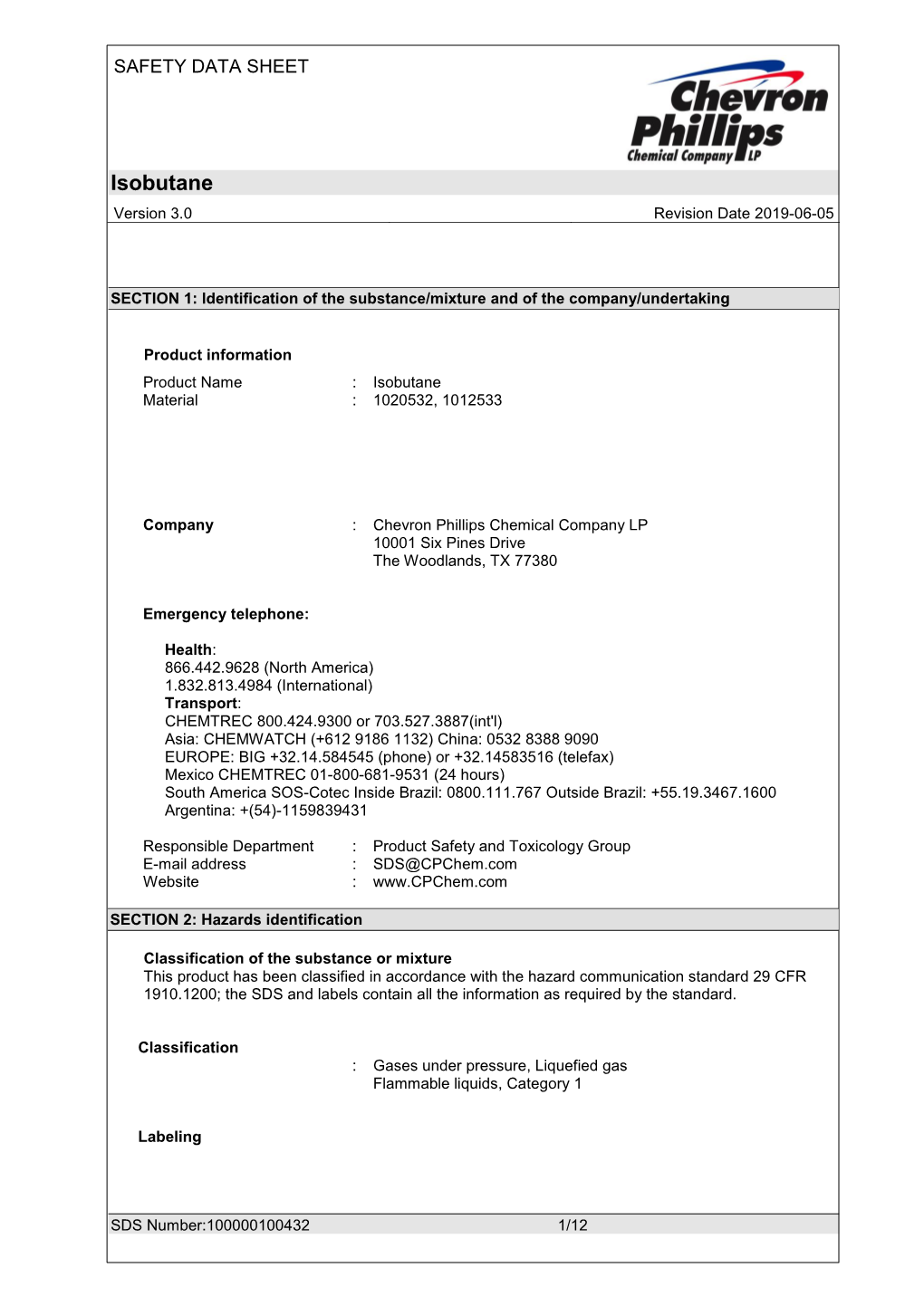 Isobutane Version 3.0 Revision Date 2019-06-05