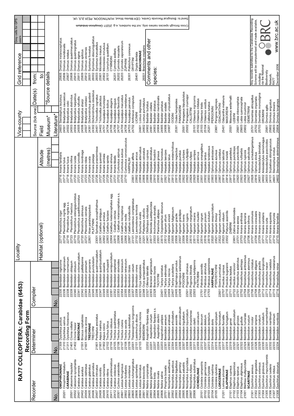 Carabidae Recording Card A4