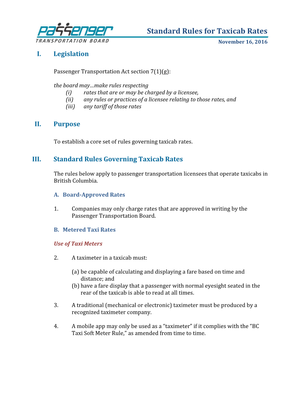 Standard Rules for Taxicab Rates November 16, 2016