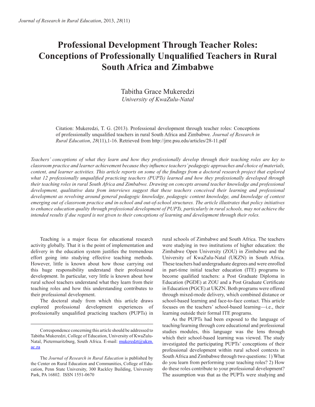 Professional Development Through Teacher Roles: Conceptions of Professionally Unqualified Teachers in Rural South Africa and Zimbabwe