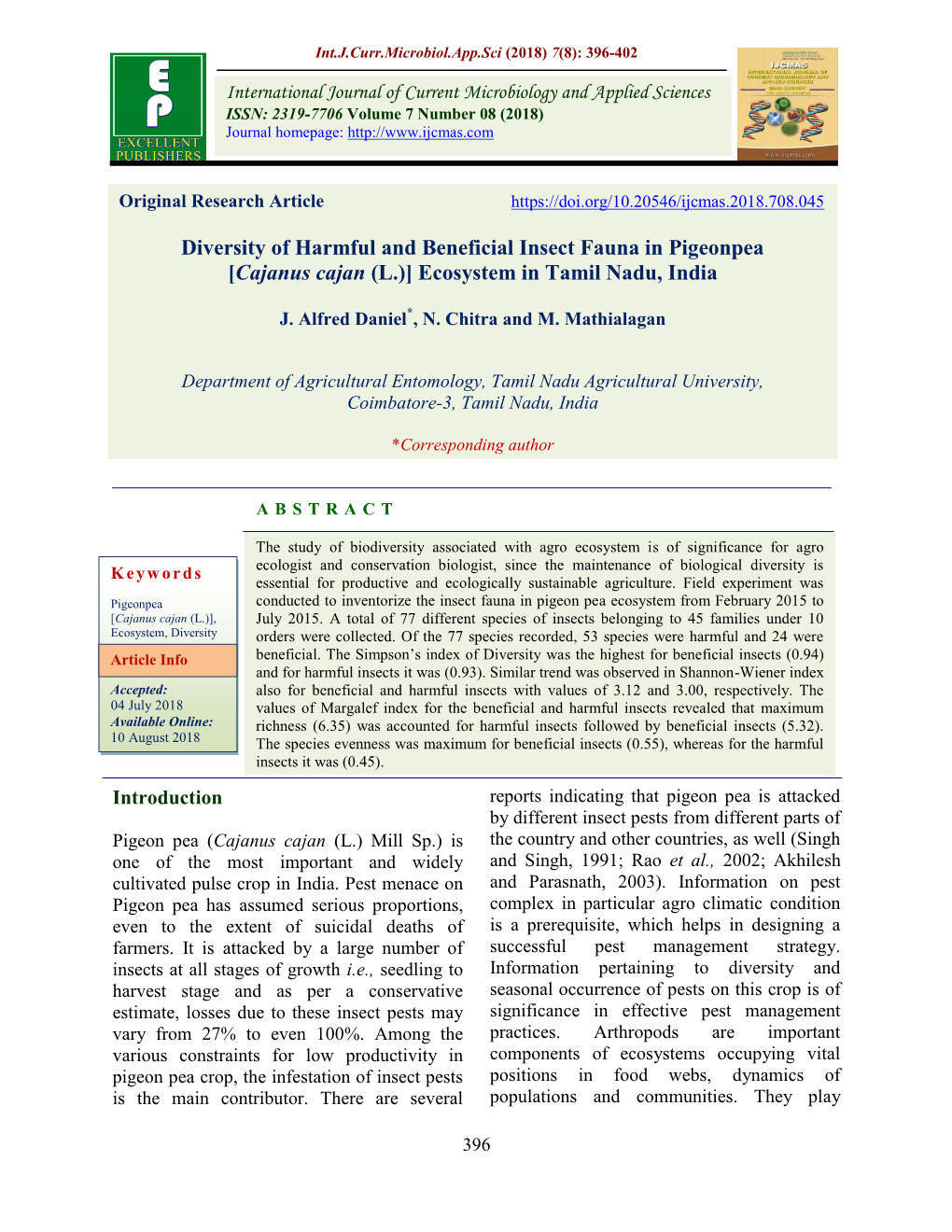 Diversity of Harmful and Beneficial Insect Fauna in Pigeonpea [Cajanus Cajan (L.)] Ecosystem in Tamil Nadu, India