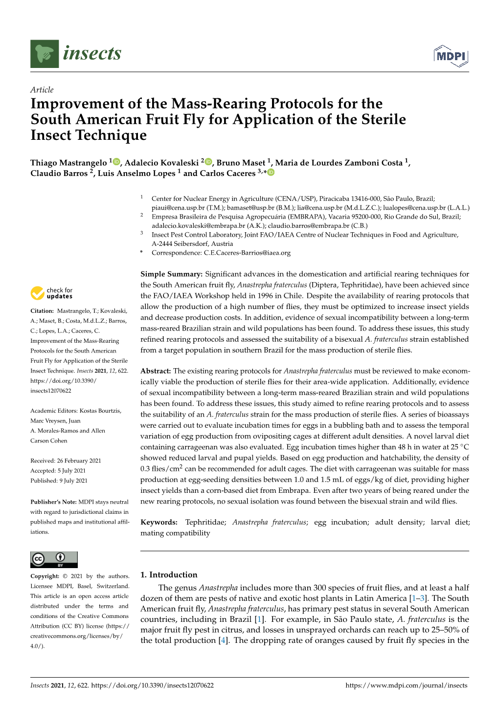 Improvement of the Mass-Rearing Protocols for the South American Fruit Fly for Application of the Sterile Insect Technique