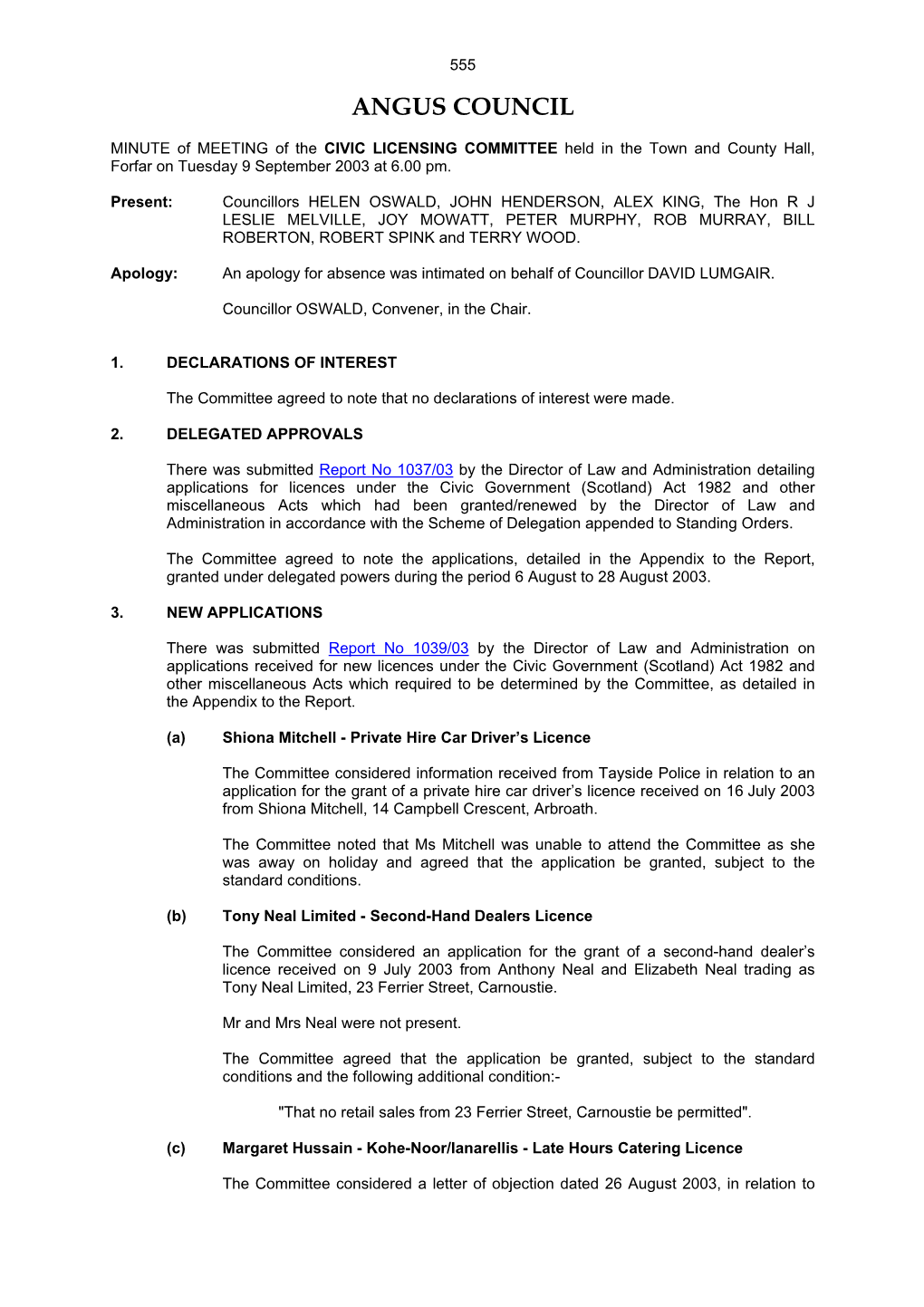 Minute of Meeting of the Civic Licensing Committee of 9