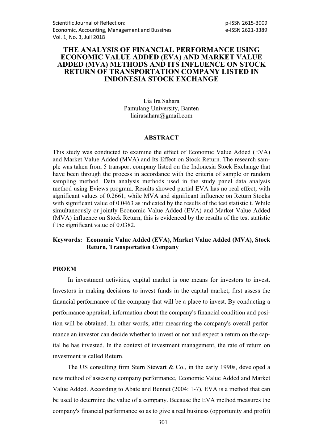 The Analysis of Financial Performance Using Economic Value Added (Eva) and Market Value Added (Mva) Methods and Its Influence On