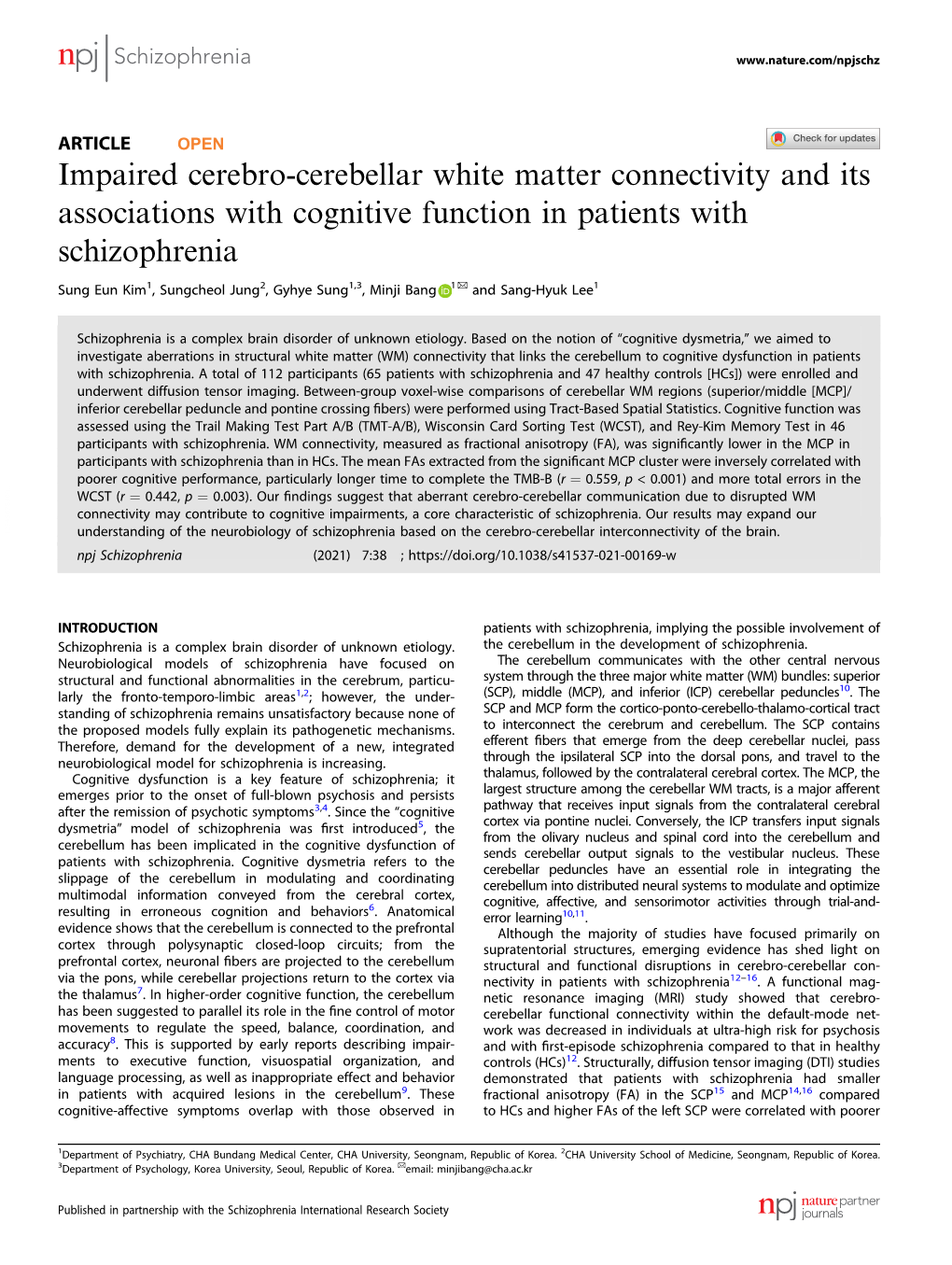 Impaired Cerebro-Cerebellar White Matter Connectivity and Its