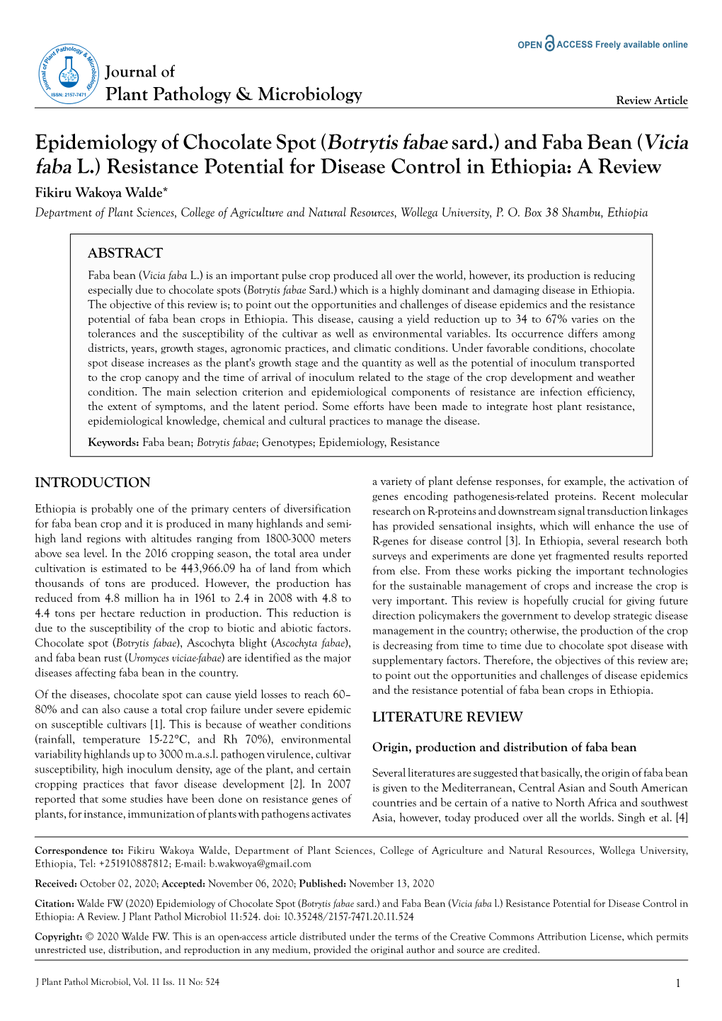 Epidemiology of Chocolate Spot (Botrytis Fabae Sard.) and Faba