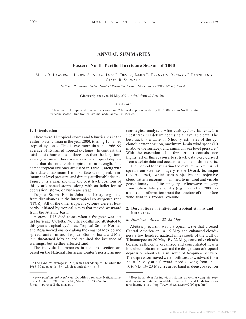 ANNUAL SUMMARIES Eastern North Pacific Hurricane Season of 2000