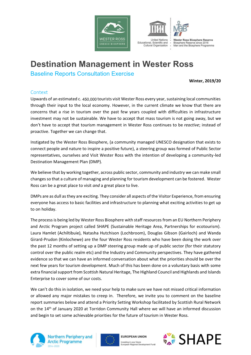 Destination Management in Wester Ross Baseline Reports Consultation Exercise Winter, 2019/20