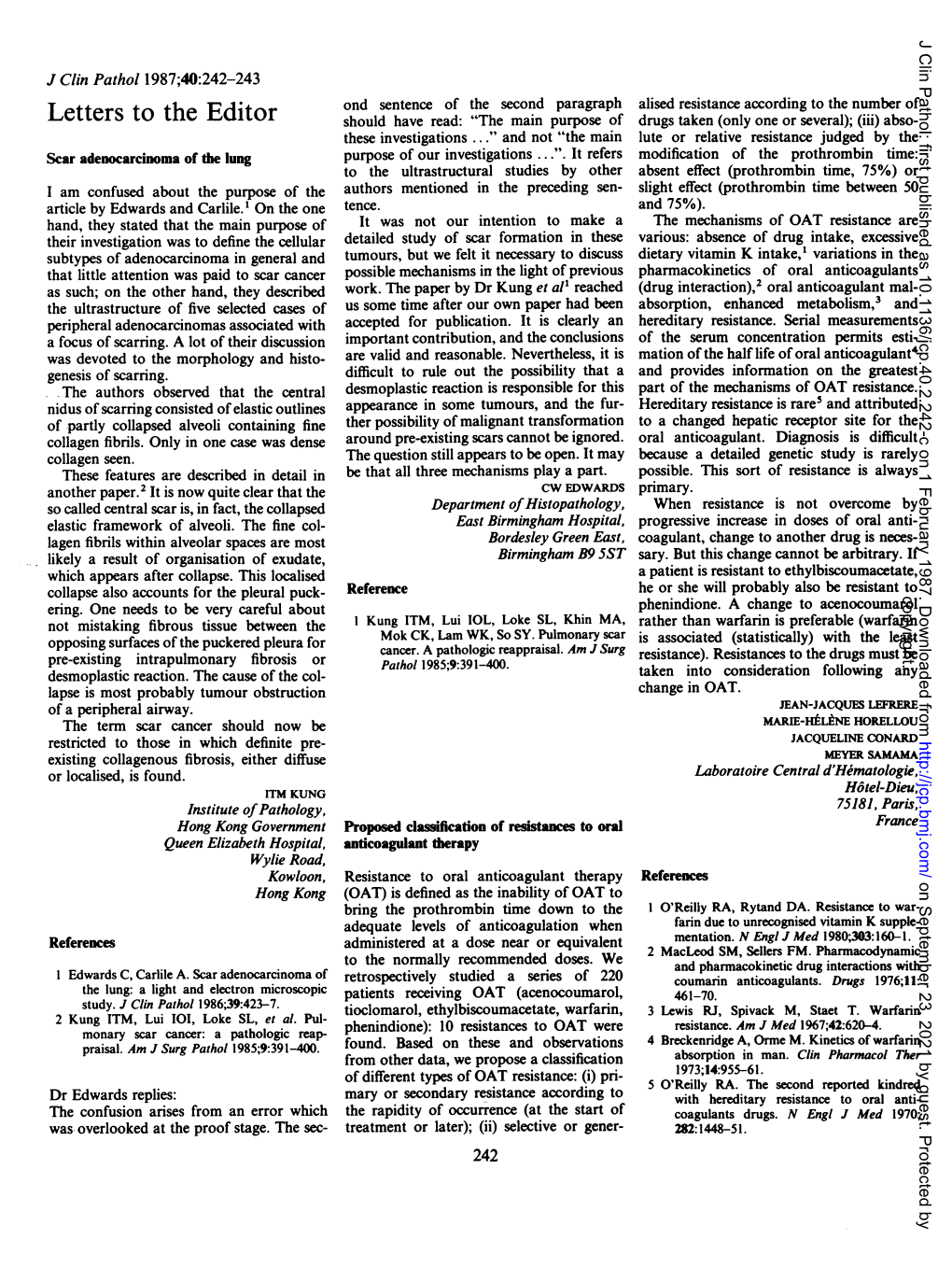 Proposed Classification of Resistances to Oral Anticoagulant Therapy