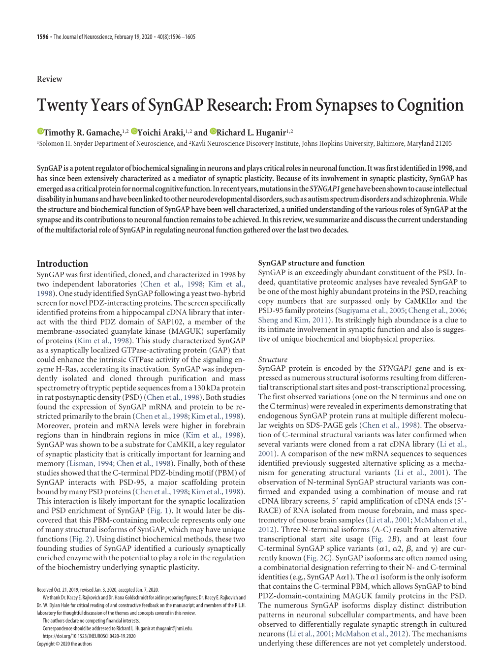 Twenty Years of Syngap Research: from Synapses to Cognition