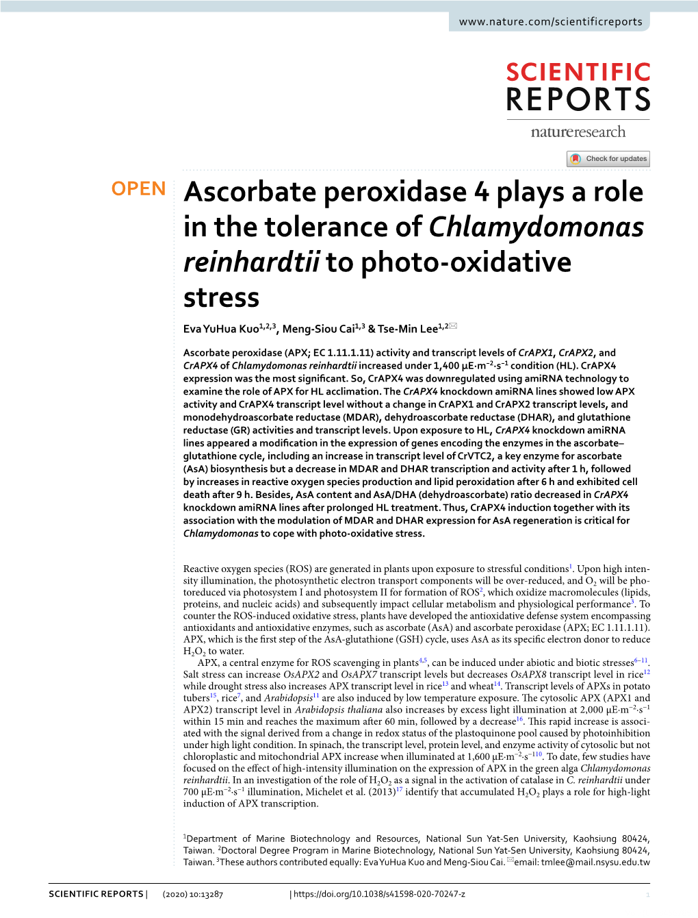 Ascorbate Peroxidase 4 Plays a Role in the Tolerance of Chlamydomonas Reinhardtii to Photo-Oxidative Stress