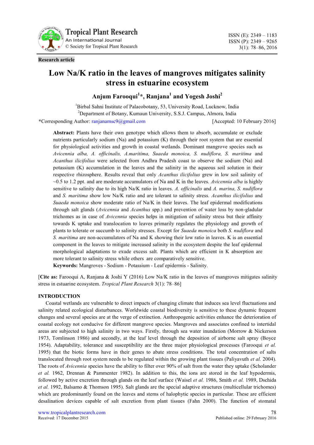 Low Nak Ratio in the Leaves of Mangroves Mitigates Salinity Stress