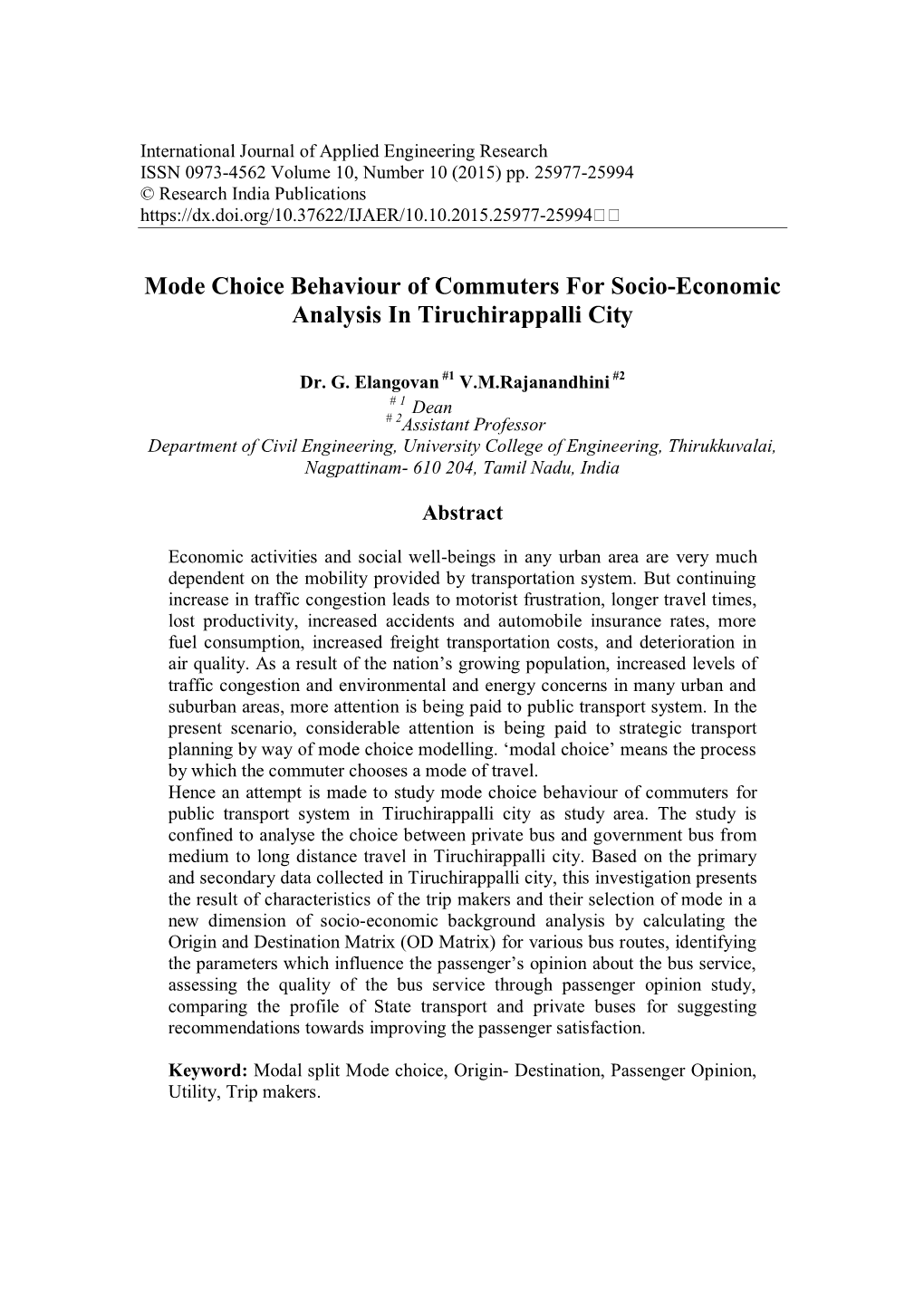 Mode Choice Behaviour of Commuters for Socio-Economic Analysis in Tiruchirappalli City