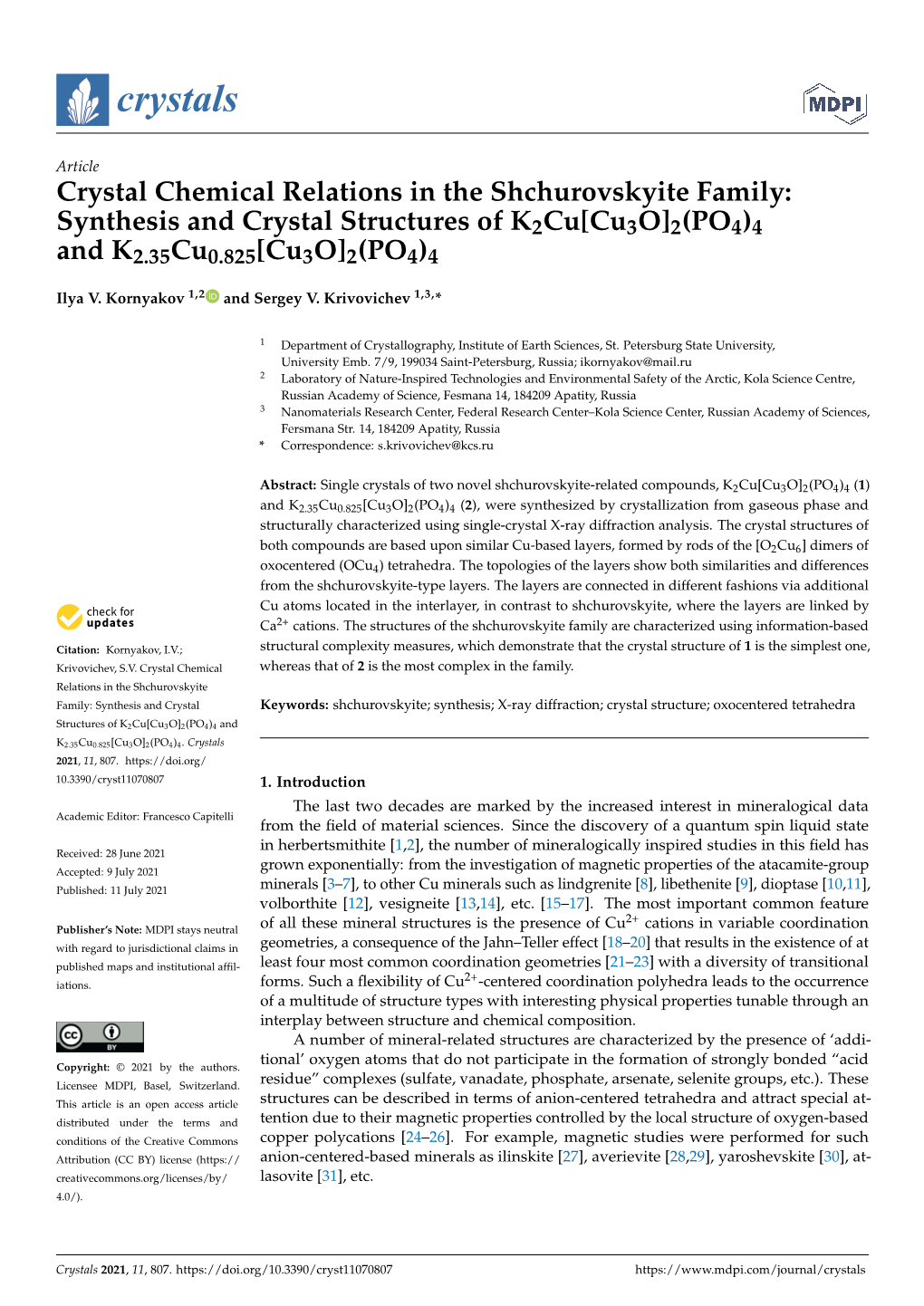 Crystal Chemical Relations in the Shchurovskyite Family: Synthesis and Crystal Structures of K2cu[Cu3o]2(PO4)4 and K2.35Cu0.825[Cu3o]2(PO4)4