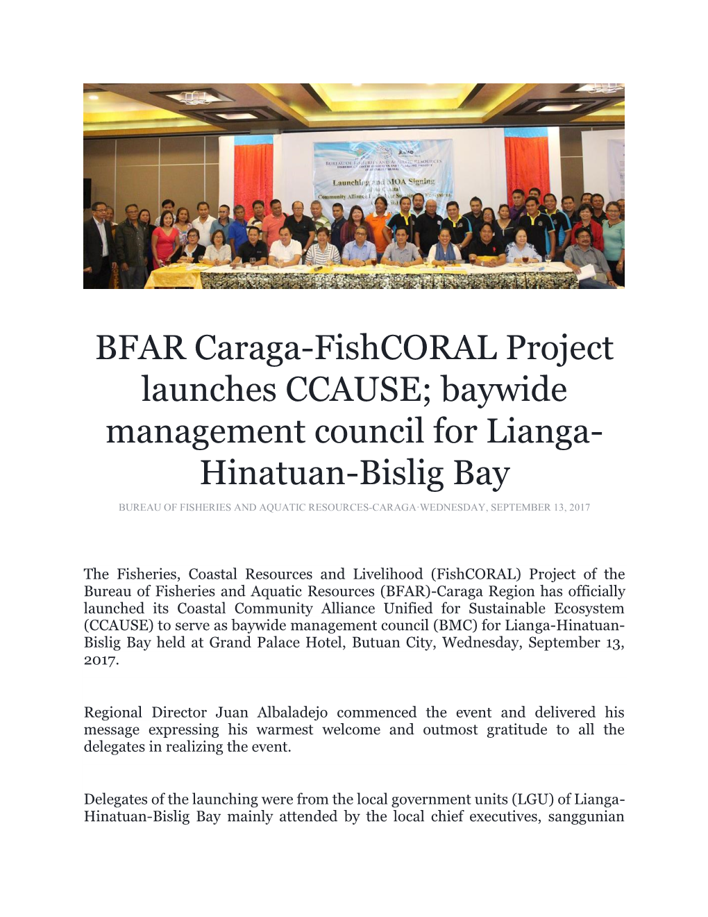 BFAR Caraga-Fishcoral Project Launches CCAUSE; Baywide Management Council for Lianga- Hinatuan-Bislig Bay