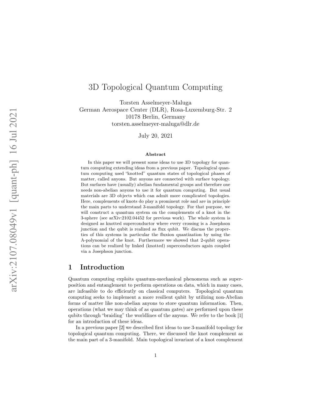 3D Topological Quantum Computing