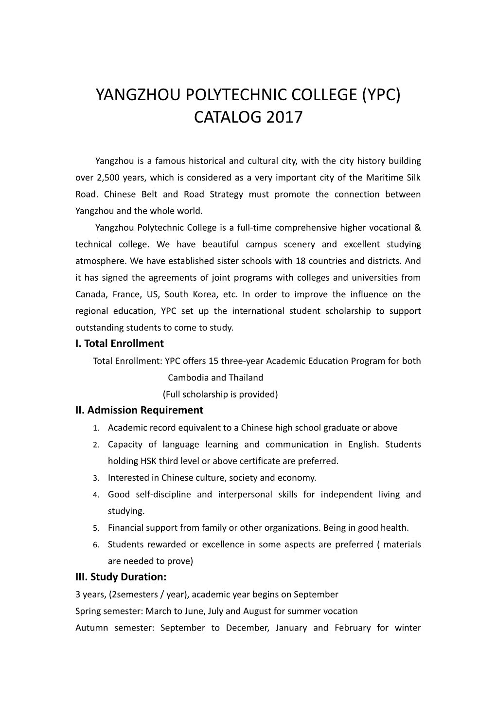 Yangzhou Polytechnic College (Ypc) Catalog 2017