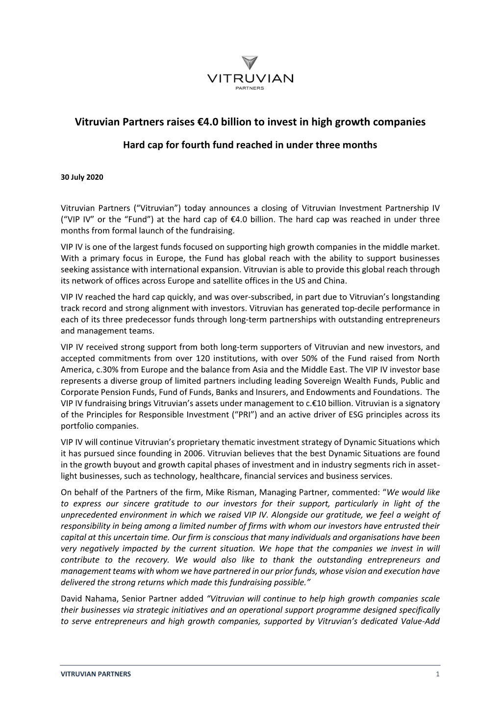 Vitruvian Partners Raises €4.0 Billion to Invest in High Growth Companies