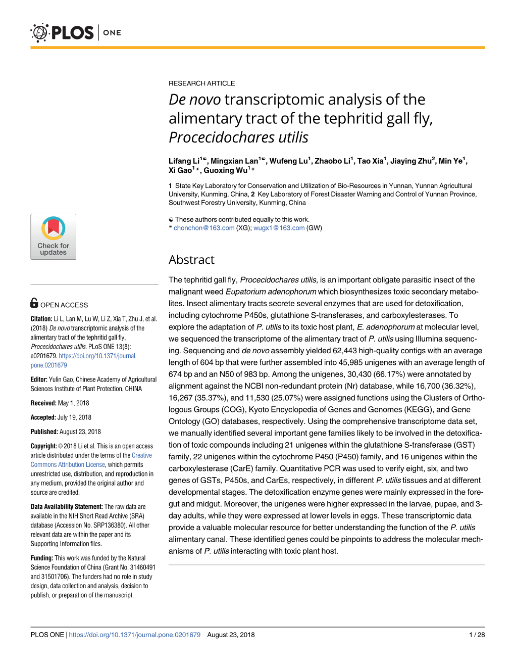 De Novo Transcriptomic Analysis of the Alimentary Tract of the Tephritid Gall Fly, Procecidochares Utilis