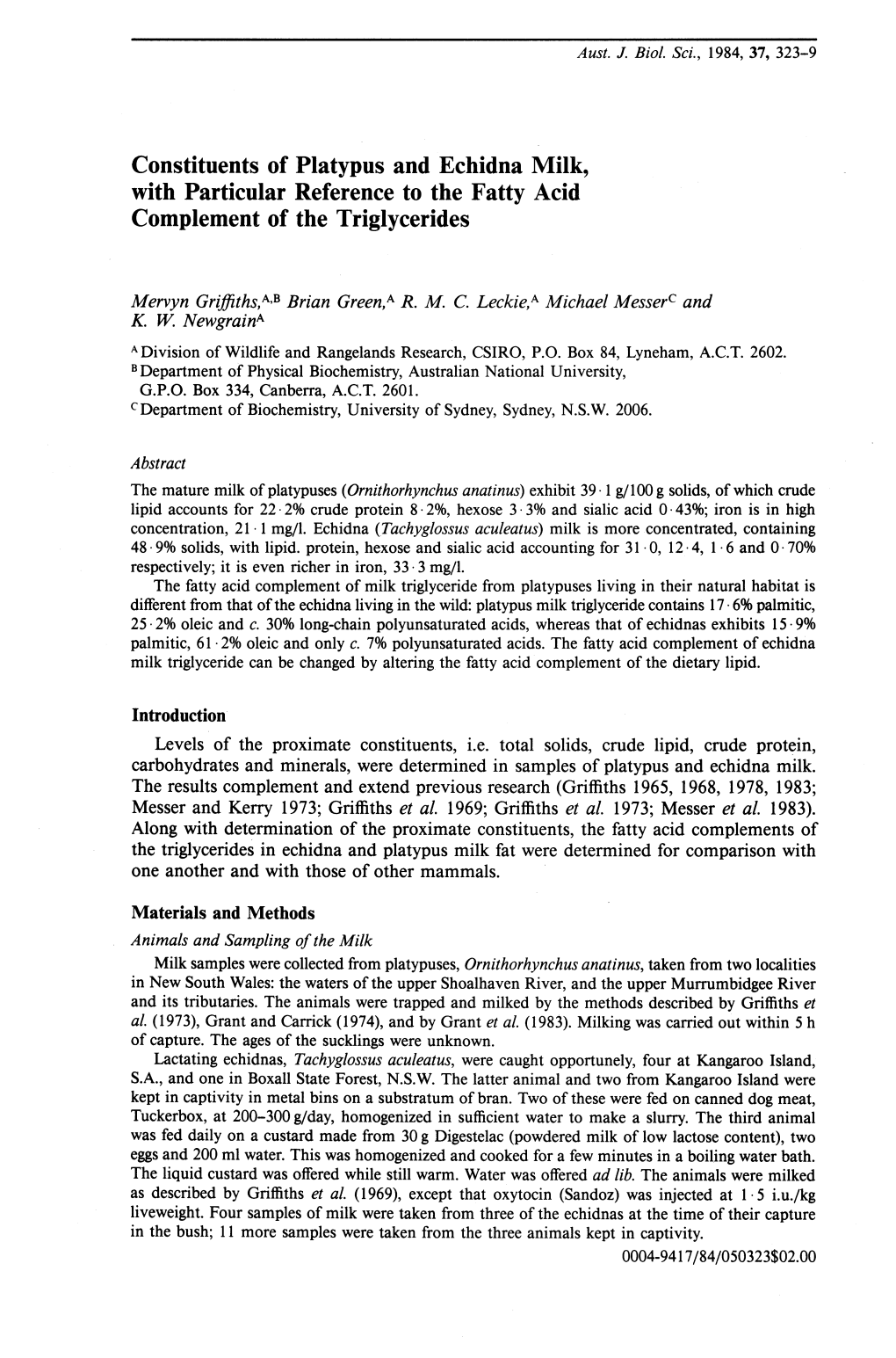 Constituents of Platypus and Echidna Milk, with Particular Reference to the Fatty Acid Complement of the Triglycerides