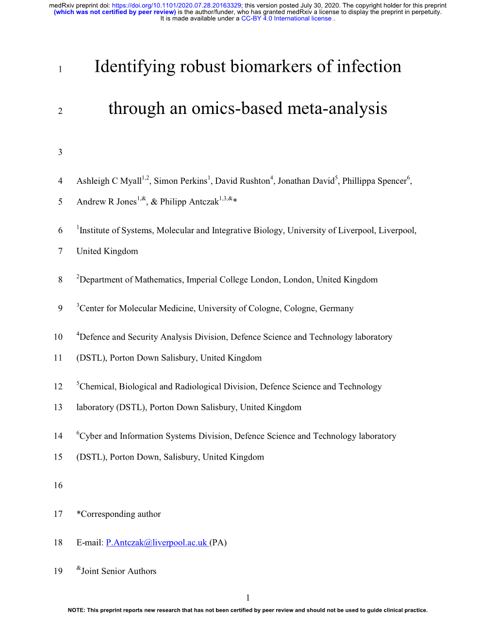 Identifying Robust Biomarkers of Infection Through an Omics-Based