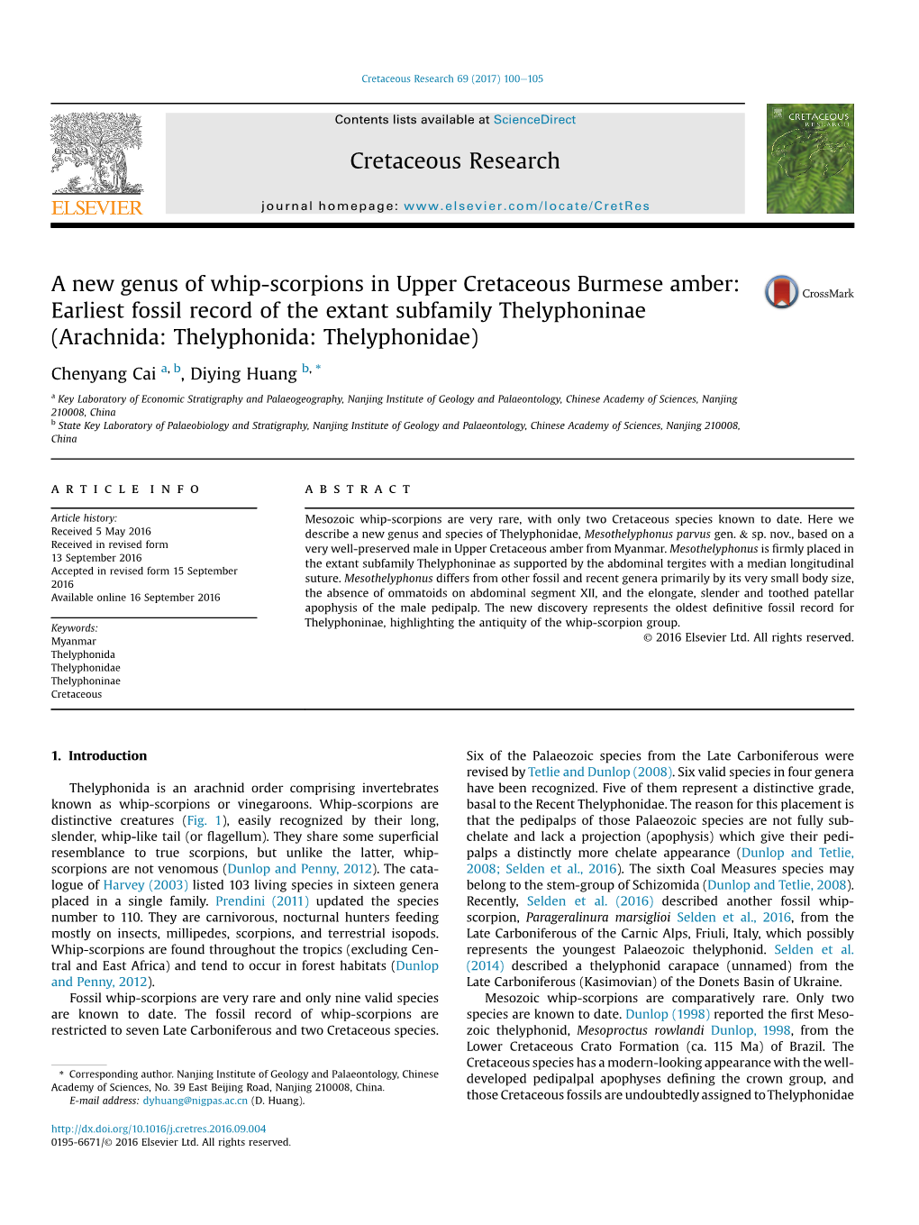 A New Genus of Whip-Scorpions in Upper Cretaceous Burmese Amber: Earliest Fossil Record of the Extant Subfamily Thelyphoninae (Arachnida: Thelyphonida: Thelyphonidae)