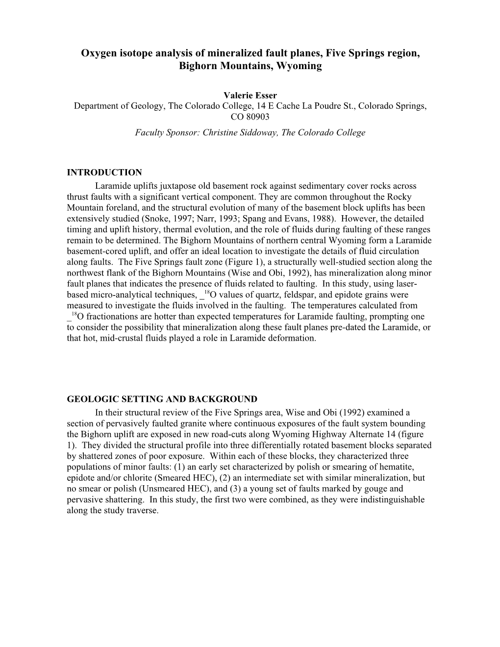 Oxygen Isotope Analysis of Mineralized Fault Planes, Five Springs Region, Bighorn Mountains, Wyoming