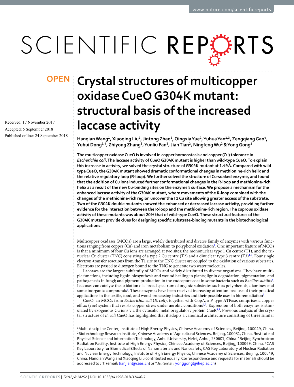 Crystal Structures of Multicopper Oxidase Cueo G304K Mutant