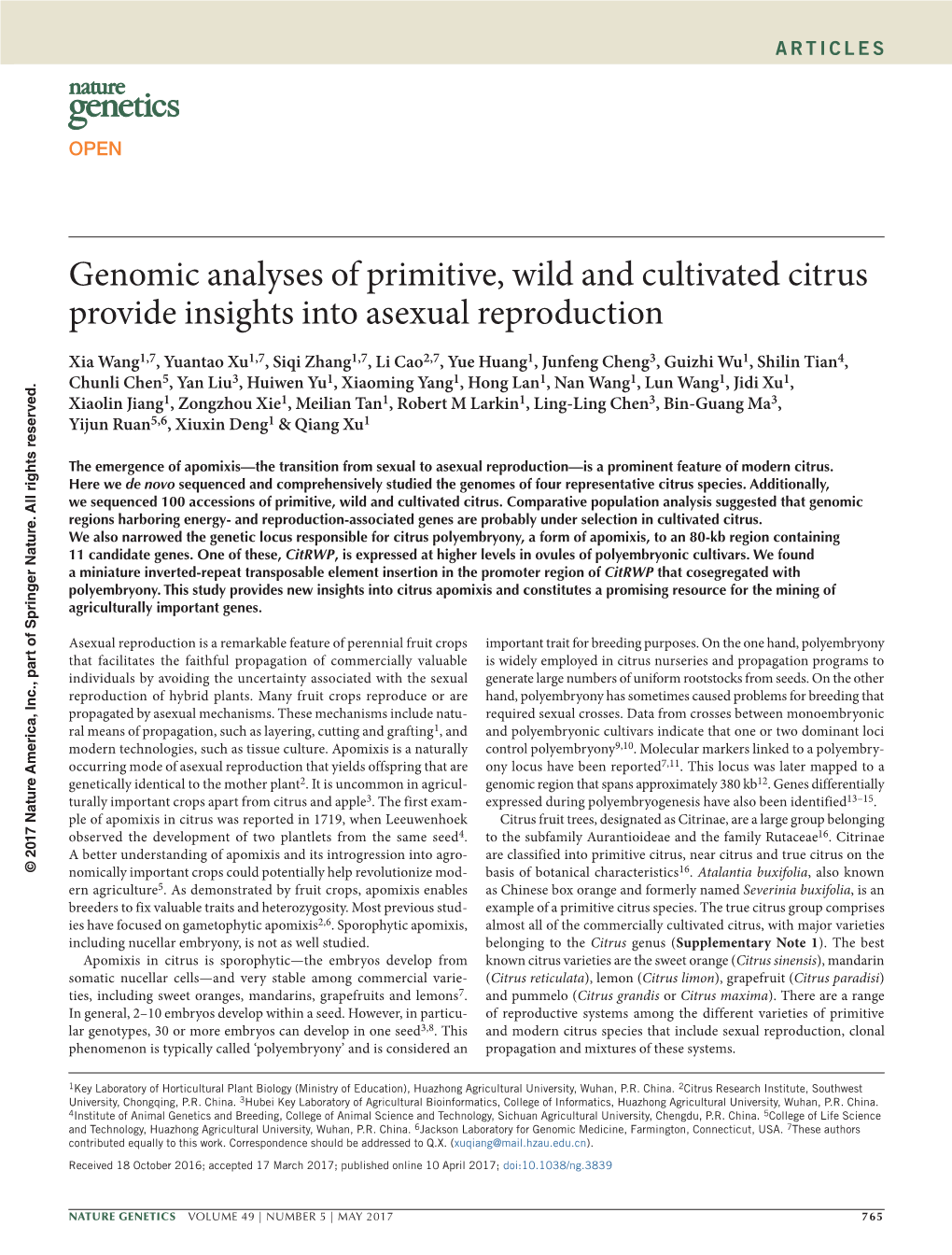 Genomic Analyses of Primitive, Wild and Cultivated Citrus Provide Insights Into Asexual Reproduction