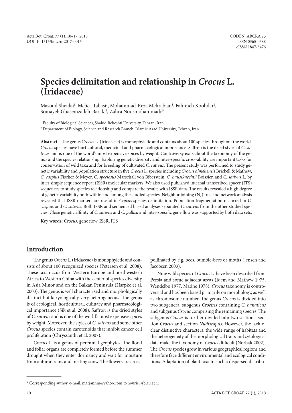 Species Delimitation and Relationship in Crocus L. (Iridaceae)