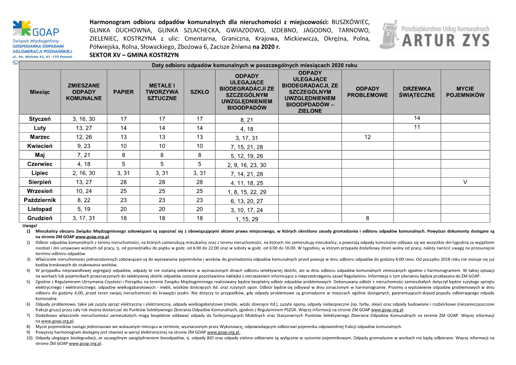 Harmonogram Odbioru Odpadów Komunalnych Dla